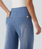 Mid Rise Wide Leg Casual Jeans with Pockets — Vallarta Blue Denim — view 4