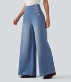 Mid Rise Wide Leg Casual Jeans with Pockets — Vallarta Blue Denim — view 3