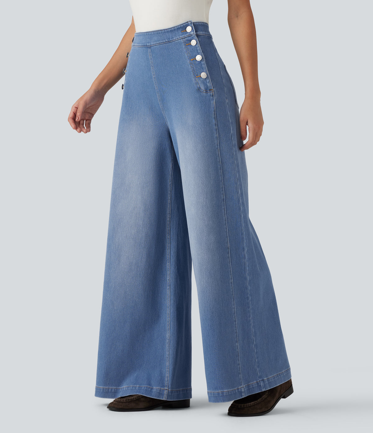 Mid Rise Wide Leg Casual Jeans with Pockets — Vallarta Blue Denim — view 3