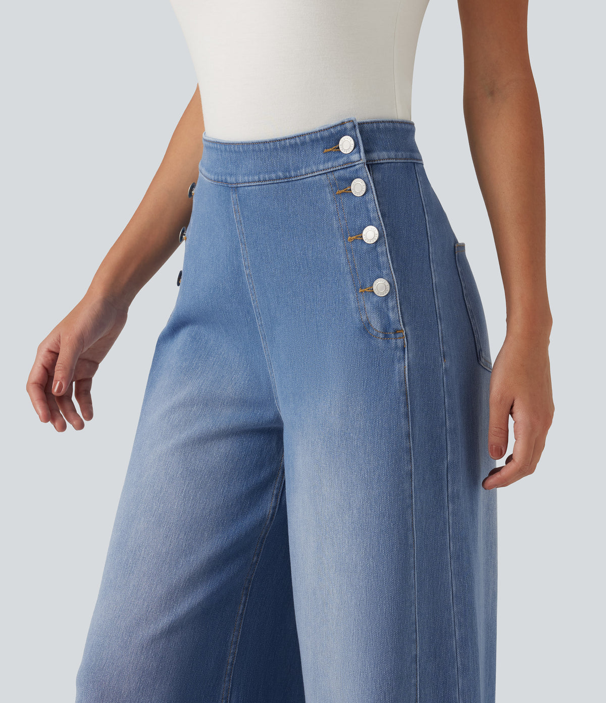 Mid Rise Wide Leg Casual Jeans with Pockets — Vallarta Blue Denim — view 5