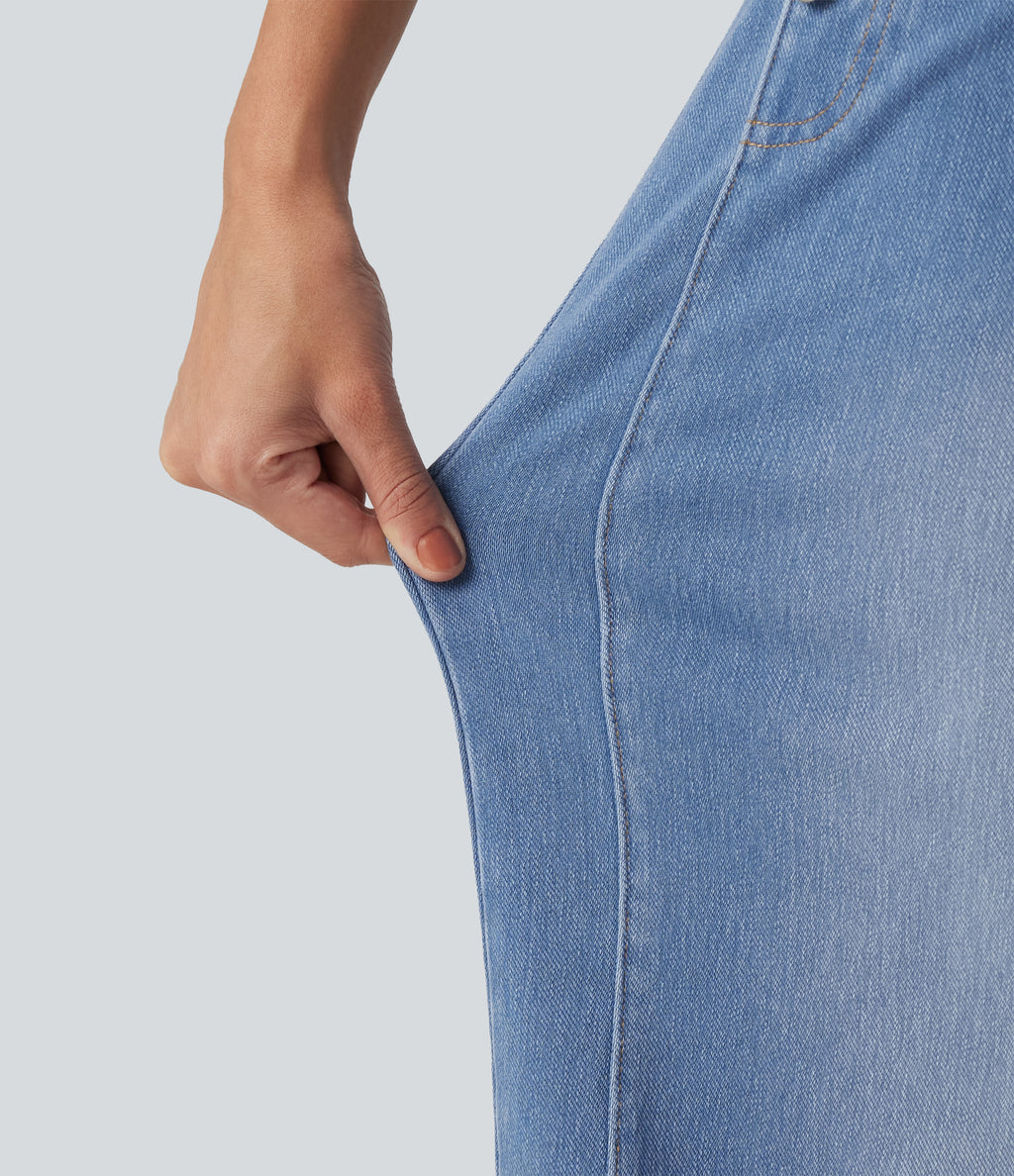 Mid Rise Wide Leg Casual Jeans with Pockets — Vallarta Blue Denim — view 6