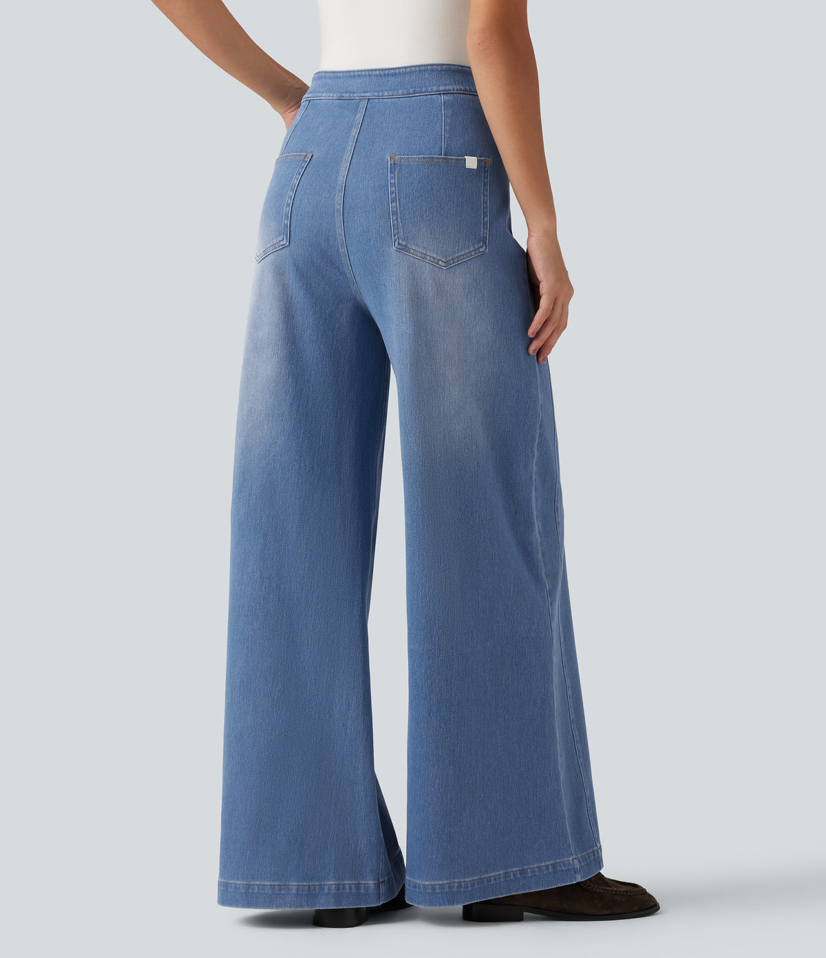 Mid Rise Wide Leg Casual Jeans with Pockets — Vallarta Blue Denim — view 2