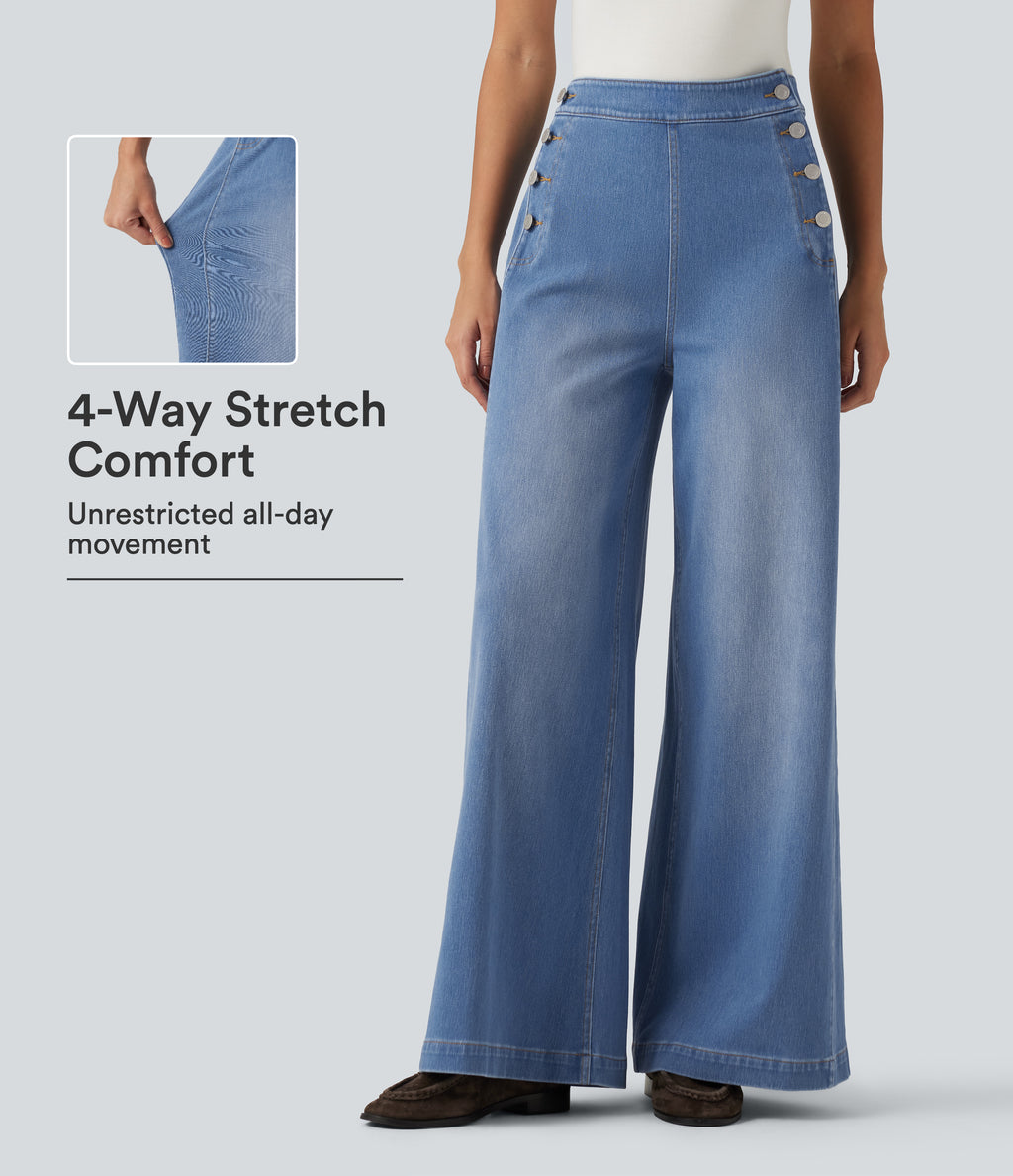 Mid Rise Wide Leg Casual Jeans with Pockets — Vallarta Blue Denim — view 1