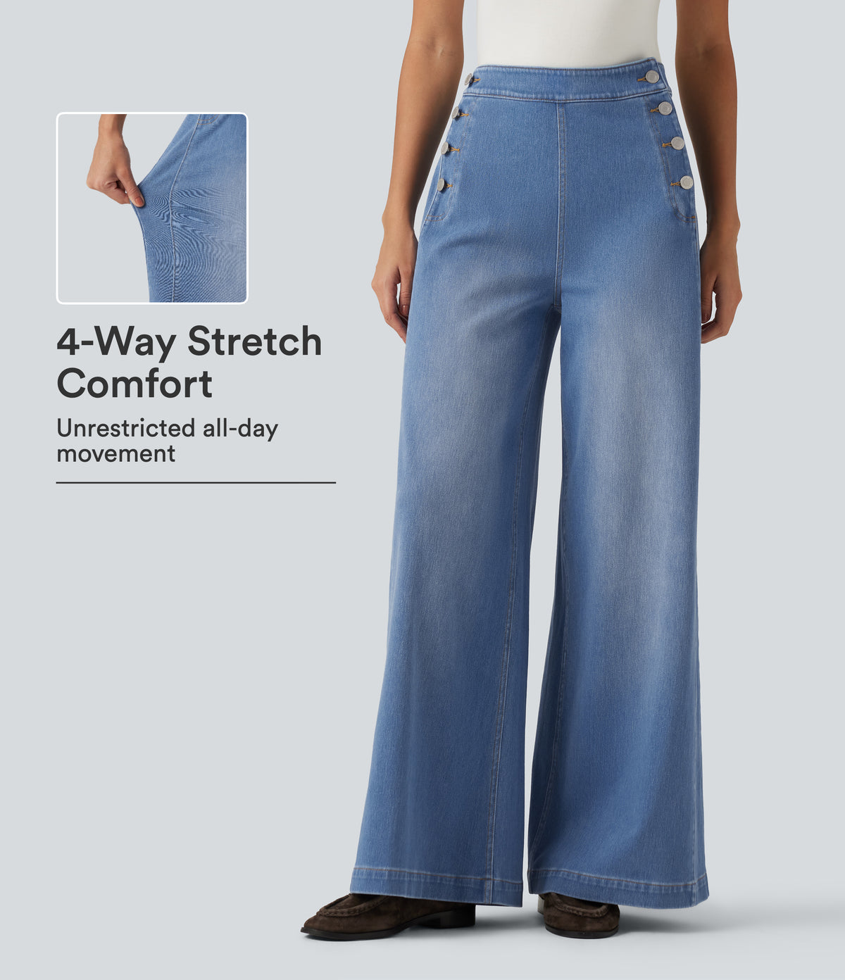 Mid Rise Wide Leg Casual Jeans with Pockets — Vallarta Blue Denim — view 1