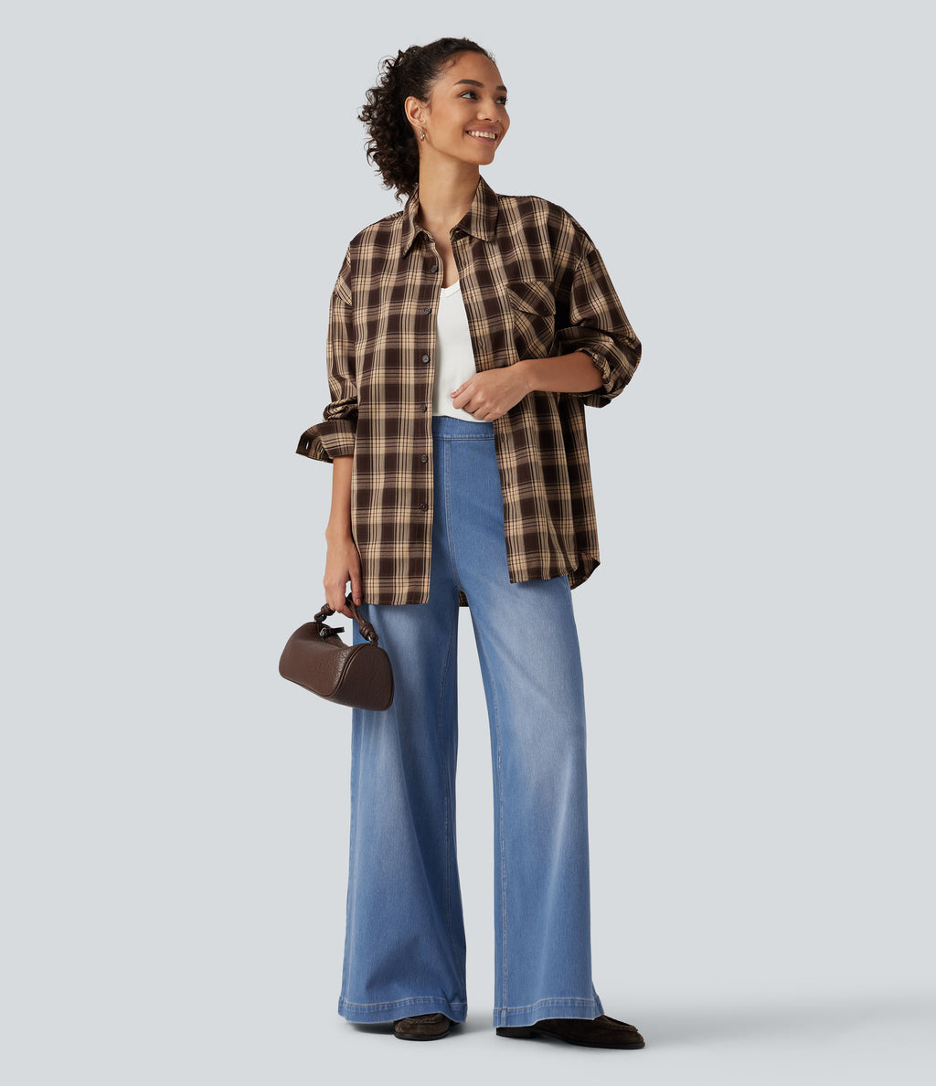 Mid Rise Wide Leg Casual Jeans with Pockets — Vallarta Blue Denim — view 7