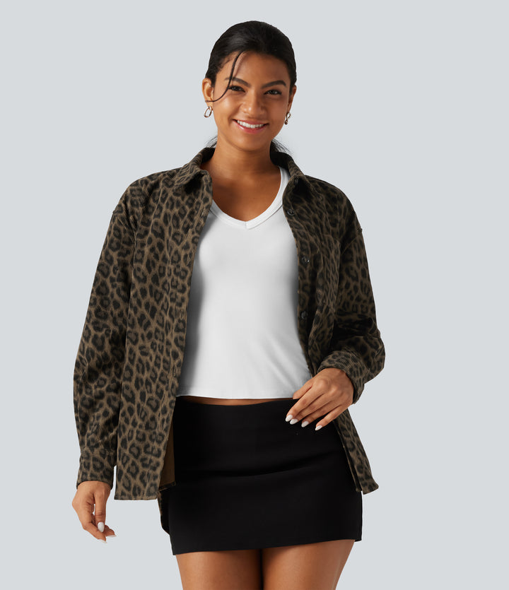 Leopard Print Long Sleeve Corduroy Casual Shirt Jacket with Pocket — Black Coffee Leopard Print — view 1