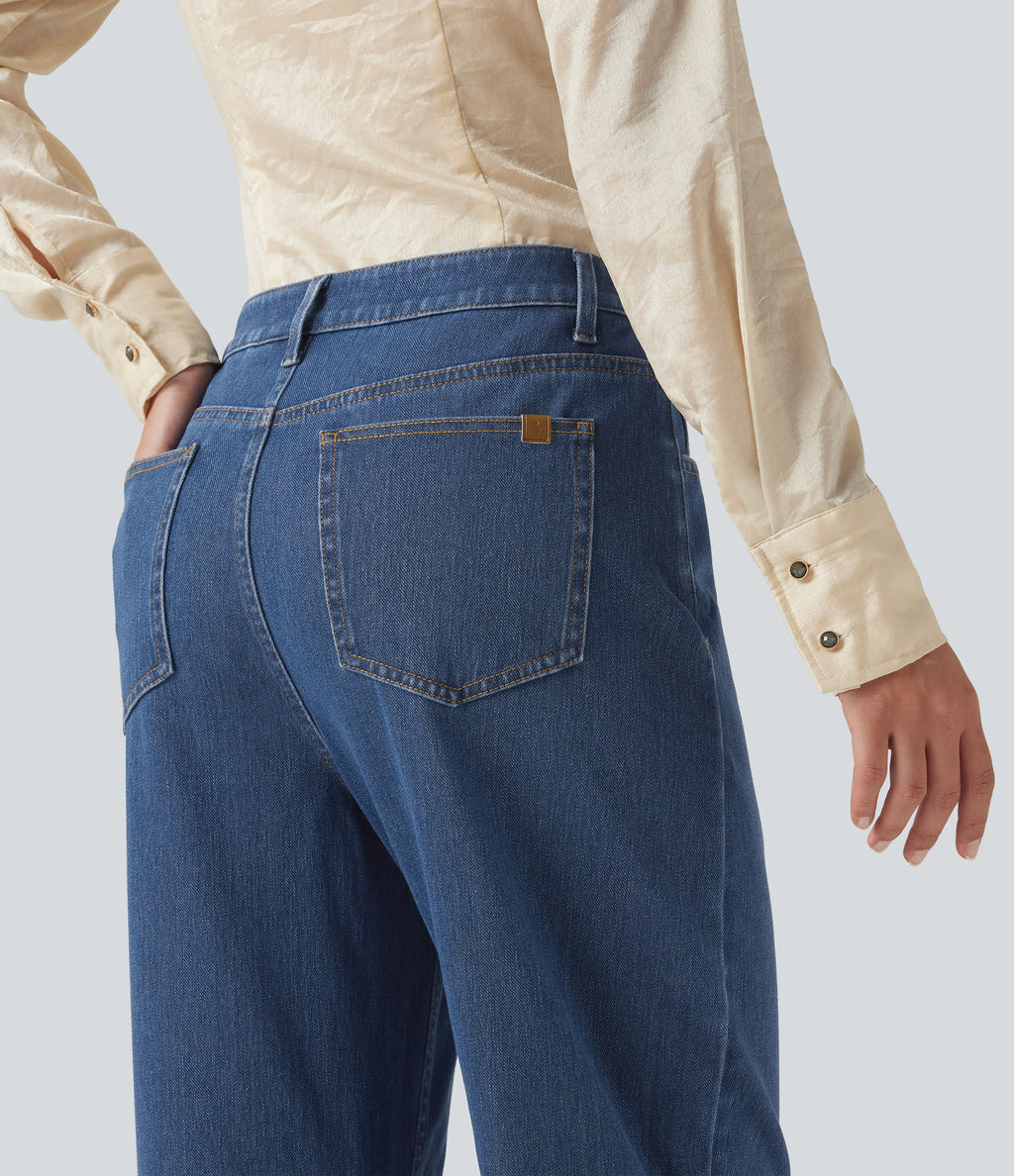 Mid Rise Barrel Leg Casual Jeans with Pockets — Tide Blue Denim — view 5