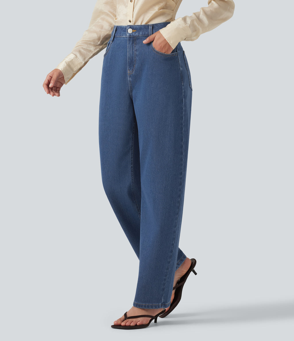 Mid Rise Barrel Leg Casual Jeans with Pockets — Tide Blue Denim — view 3