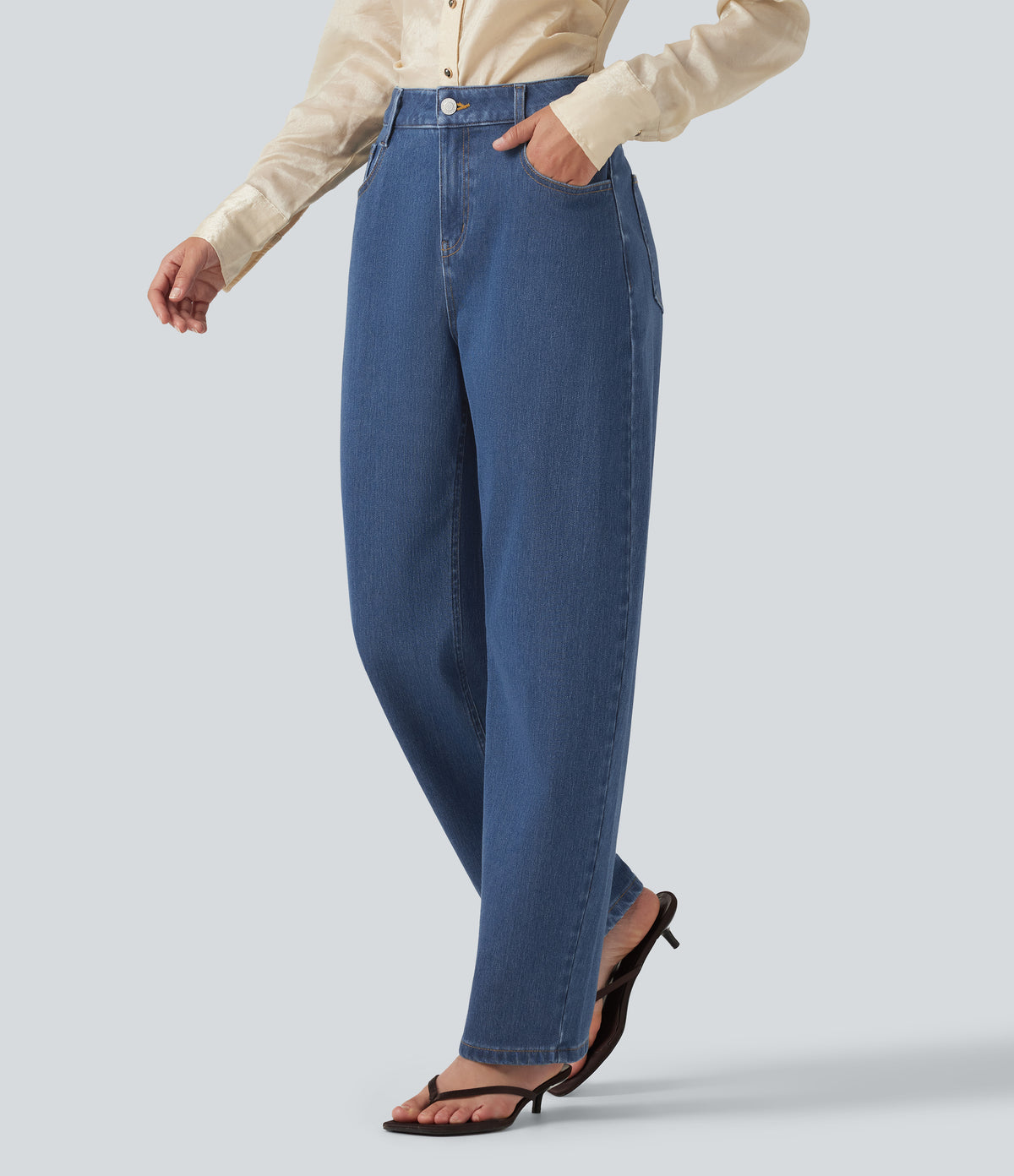 Mid Rise Barrel Leg Casual Jeans with Pockets — Tide Blue Denim — view 3