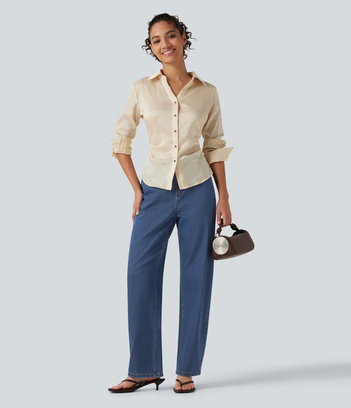 Mid Rise Barrel Leg Casual Jeans with Pockets — Tide Blue Denim — view 7