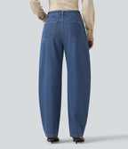 Mid Rise Barrel Leg Casual Jeans with Pockets — Tide Blue Denim — view 2