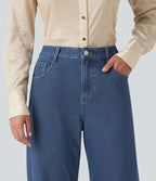 Mid Rise Barrel Leg Casual Jeans with Pockets — Tide Blue Denim — view 4