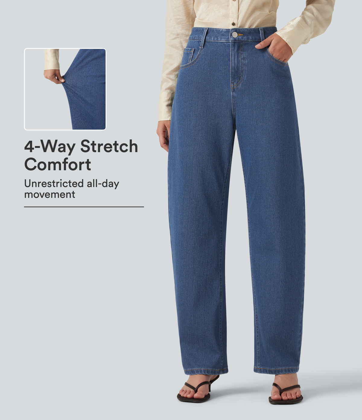 Mid Rise Barrel Leg Casual Jeans with Pockets — Tide Blue Denim — view 1
