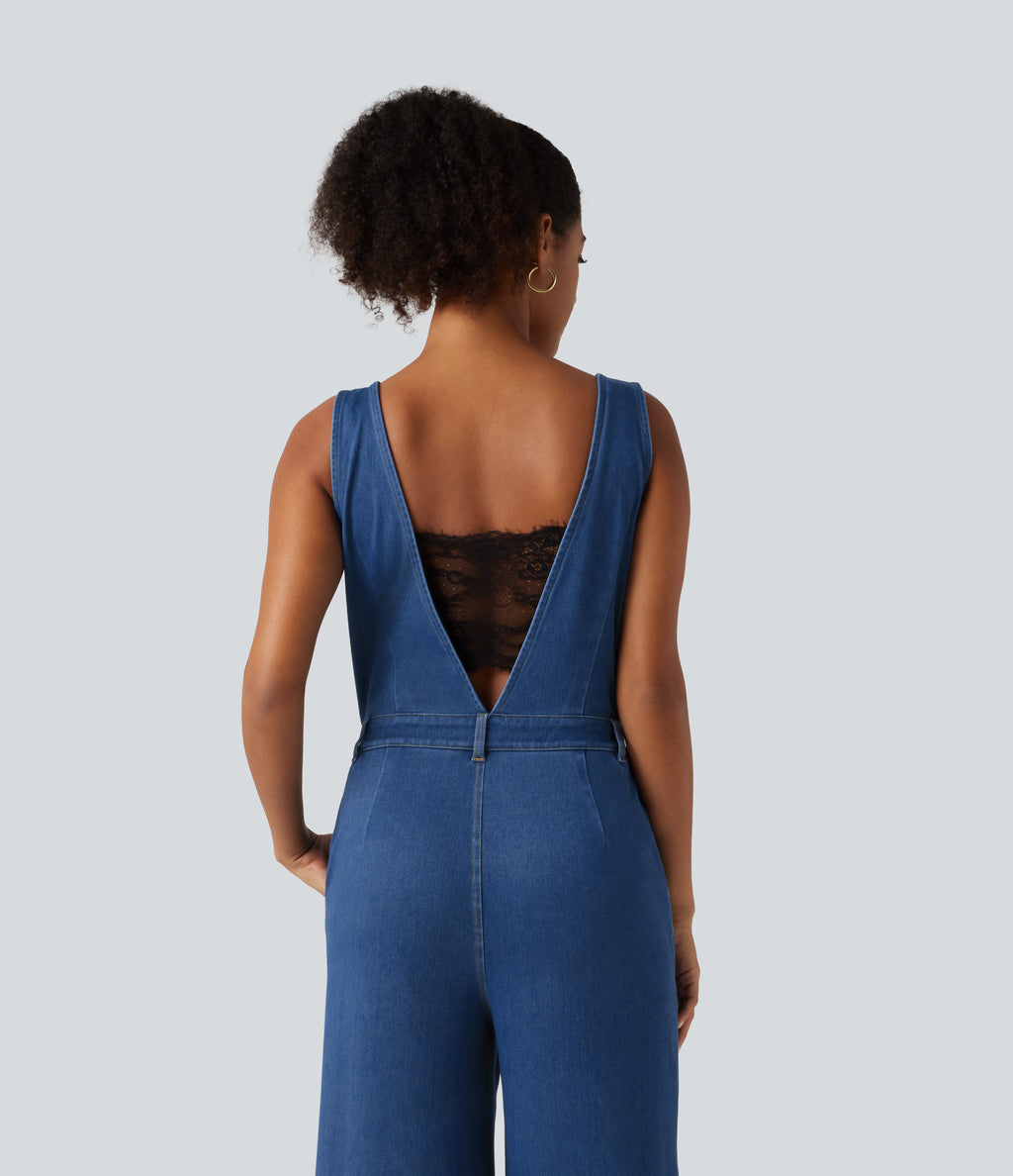 V Neck Wide Leg Denim Casual Jumpsuit with Pockets — Vallarta Blue Denim — view 5