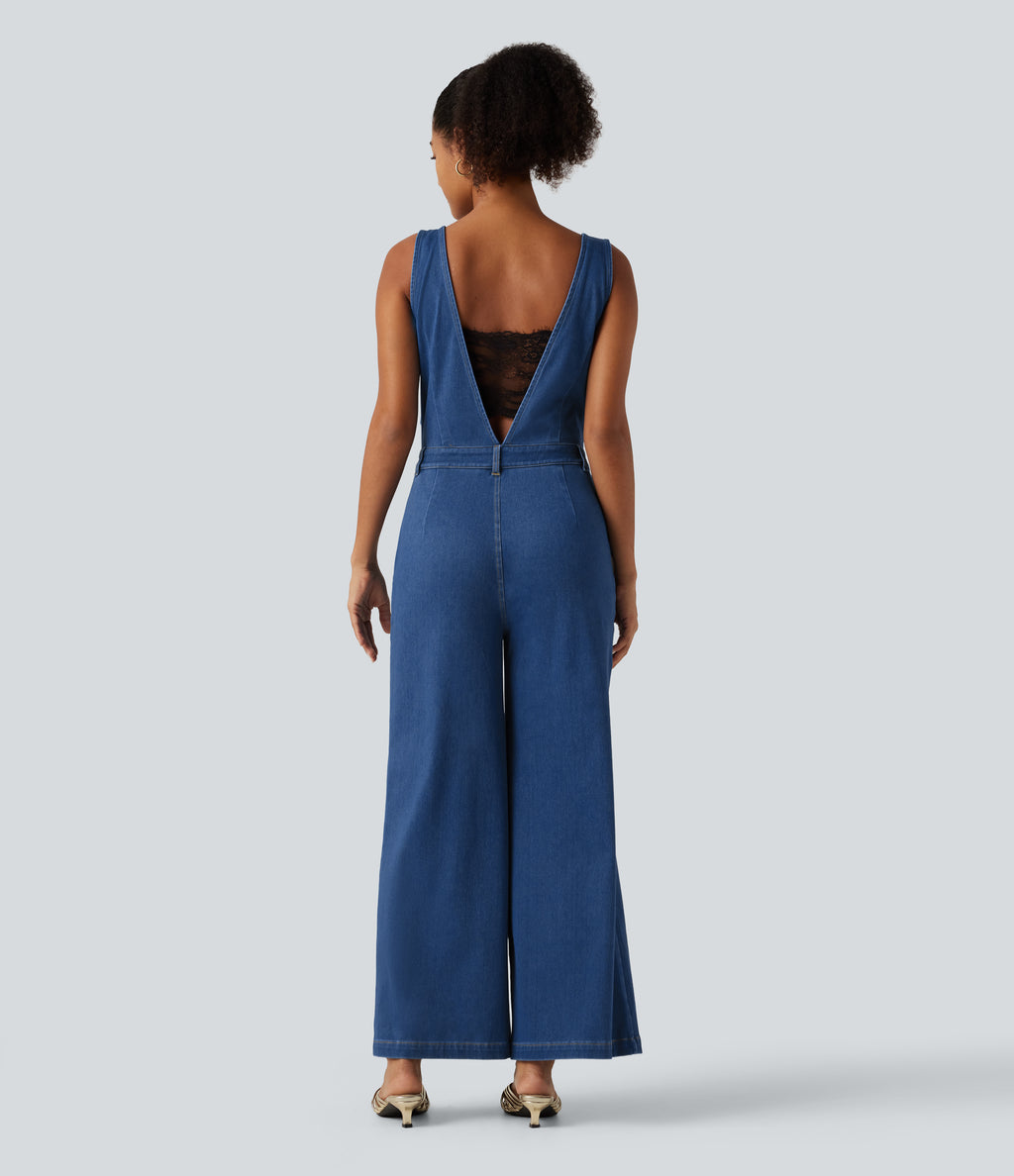 V Neck Wide Leg Denim Casual Jumpsuit with Pockets — Vallarta Blue Denim — view 2