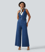 V Neck Wide Leg Denim Casual Jumpsuit with Pockets — Vallarta Blue Denim — view 7