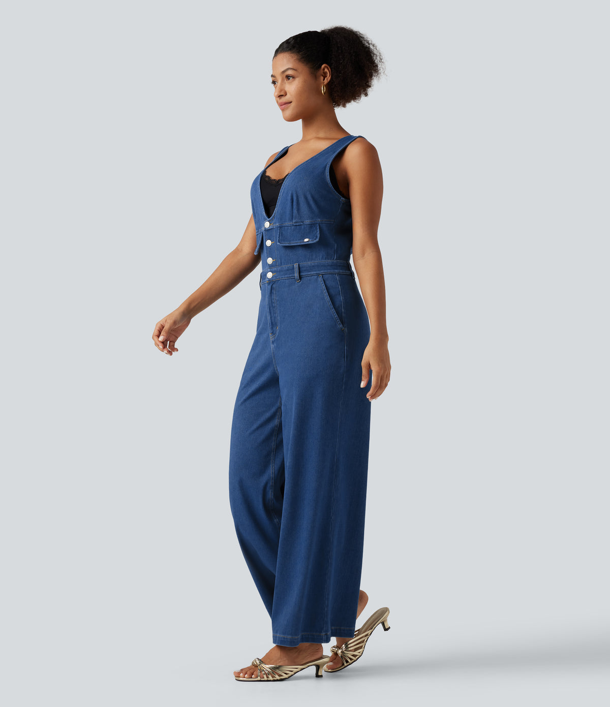 V Neck Wide Leg Denim Casual Jumpsuit with Pockets — Vallarta Blue Denim — view 3