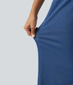 V Neck Wide Leg Denim Casual Jumpsuit with Pockets — Vallarta Blue Denim — view 6