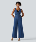 V Neck Wide Leg Denim Casual Jumpsuit with Pockets — Vallarta Blue Denim — view 1