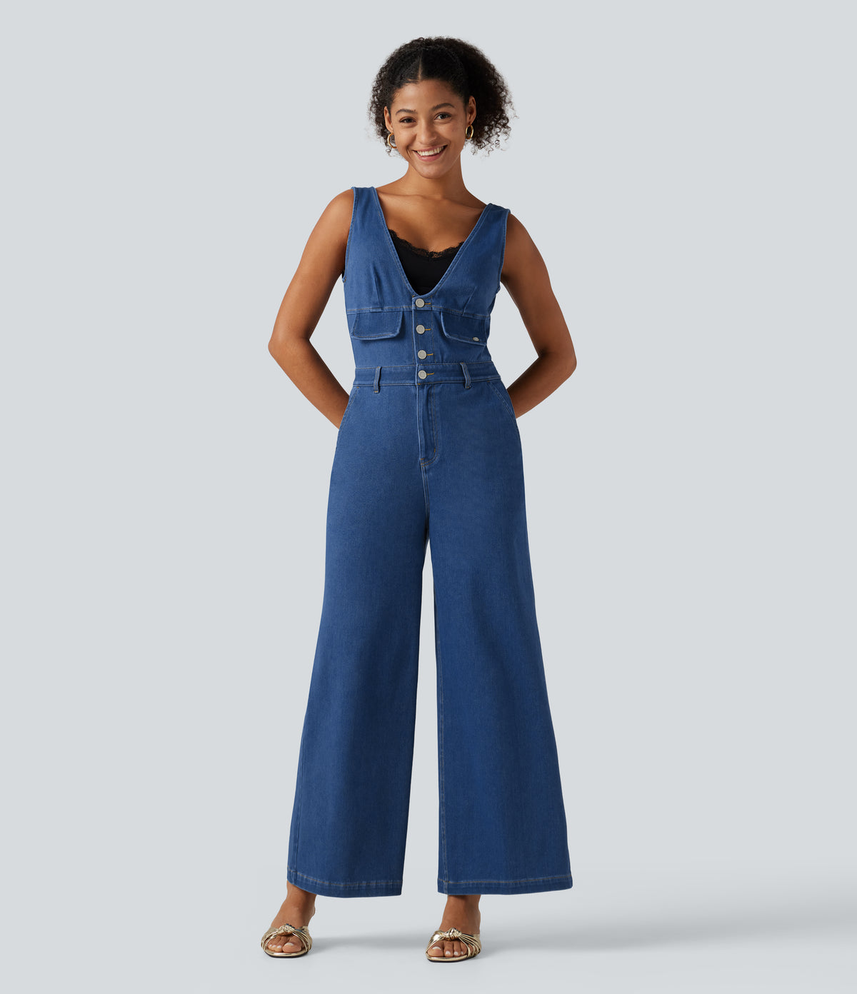 V Neck Wide Leg Denim Casual Jumpsuit with Pockets — Vallarta Blue Denim — view 1