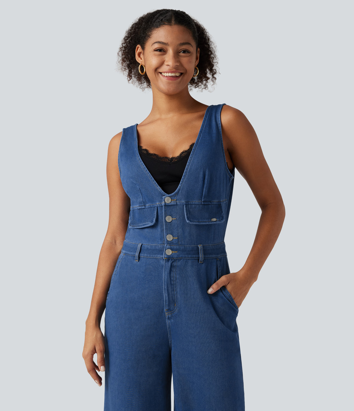 V Neck Wide Leg Denim Casual Jumpsuit with Pockets — Vallarta Blue Denim — view 4