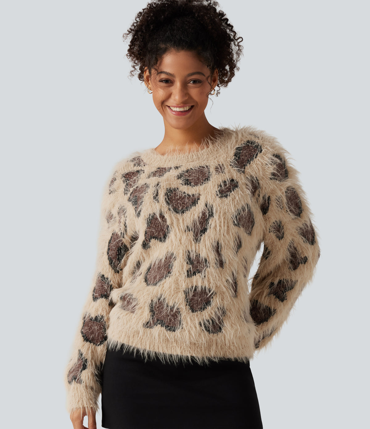 Round Neck Long Sleeve Leopard Print Casual Jumper — Sand Wild Motif — view 1
