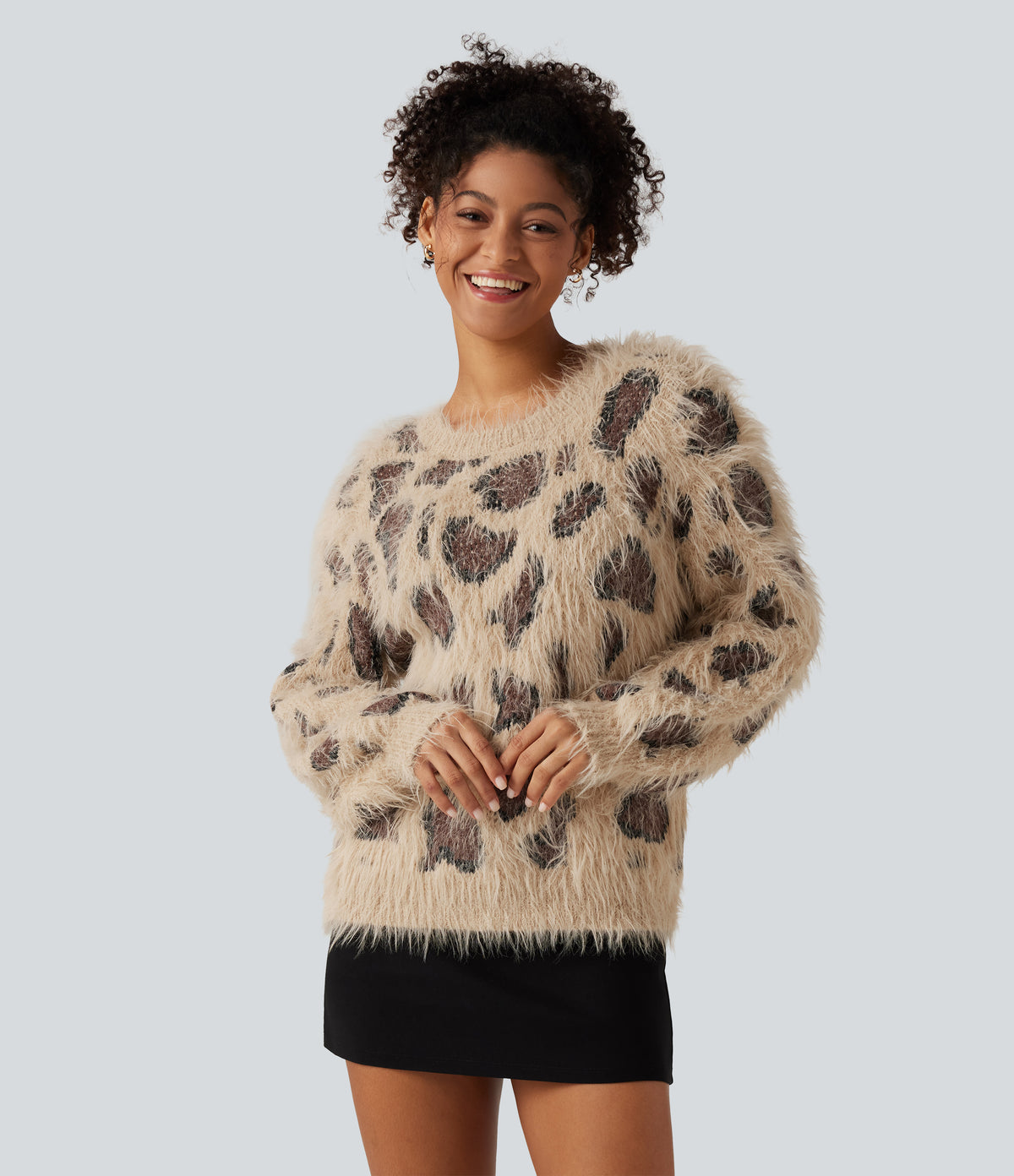 Round Neck Long Sleeve Leopard Print Casual Jumper — Sand Wild Motif — view 4