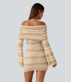 Off Shoulder Flounce Long Sleeve Bodycon Mini Casual Sweater Dress — Sunlit Grain — view 2