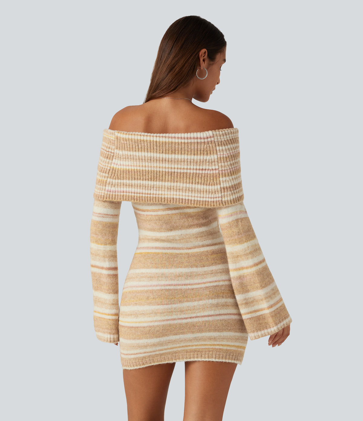 Off Shoulder Flounce Long Sleeve Bodycon Mini Casual Sweater Dress — Sunlit Grain — view 2