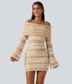 Off Shoulder Flounce Long Sleeve Bodycon Mini Casual Sweater Dress — Sunlit Grain — view 4