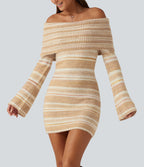 Off Shoulder Flounce Long Sleeve Bodycon Mini Casual Sweater Dress — Sunlit Grain — view 5