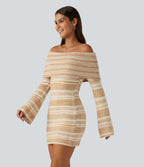 Off Shoulder Flounce Long Sleeve Bodycon Mini Casual Sweater Dress — Sunlit Grain — view 3