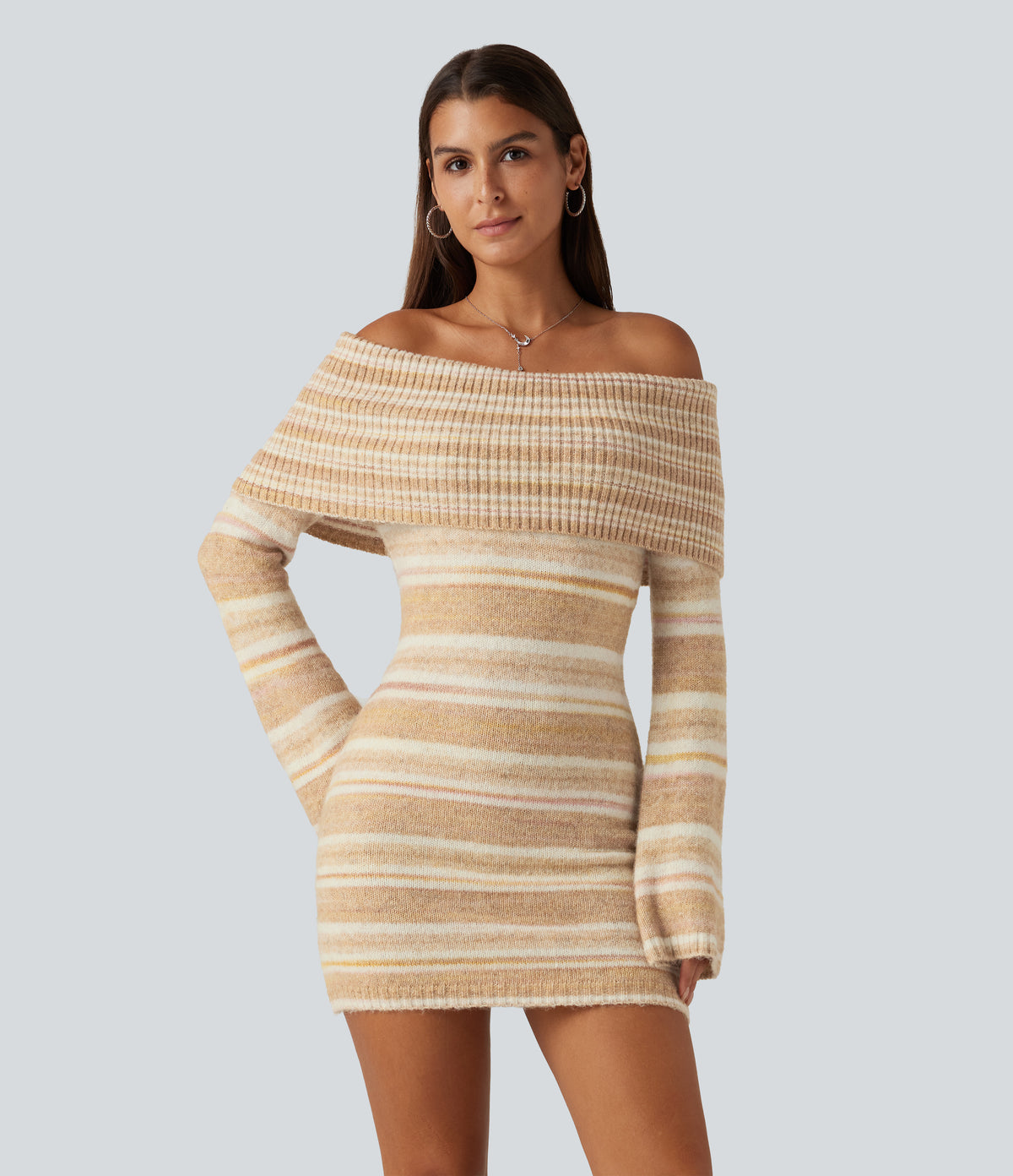 Off Shoulder Flounce Long Sleeve Bodycon Mini Casual Sweater Dress — Sunlit Grain — view 1