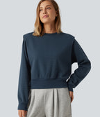 Round Neck Long Sleeve Waffle Casual Sweatshirt — Charm Ink Blue — view 1