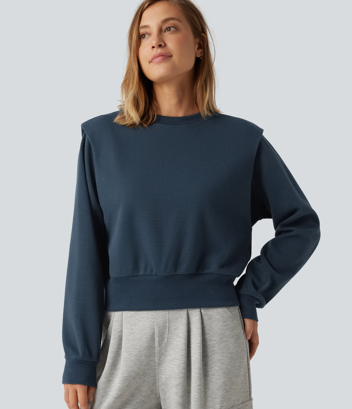 Round Neck Long Sleeve Waffle Casual Sweatshirt — Charm Ink Blue — view 1