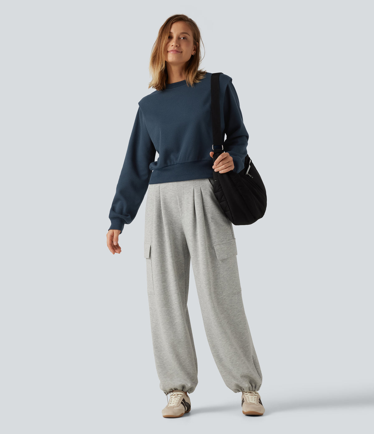 Round Neck Long Sleeve Waffle Casual Sweatshirt — Charm Ink Blue — view 7