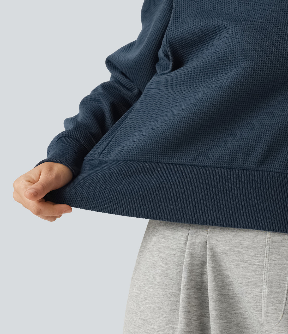 Round Neck Long Sleeve Waffle Casual Sweatshirt — Charm Ink Blue — view 6