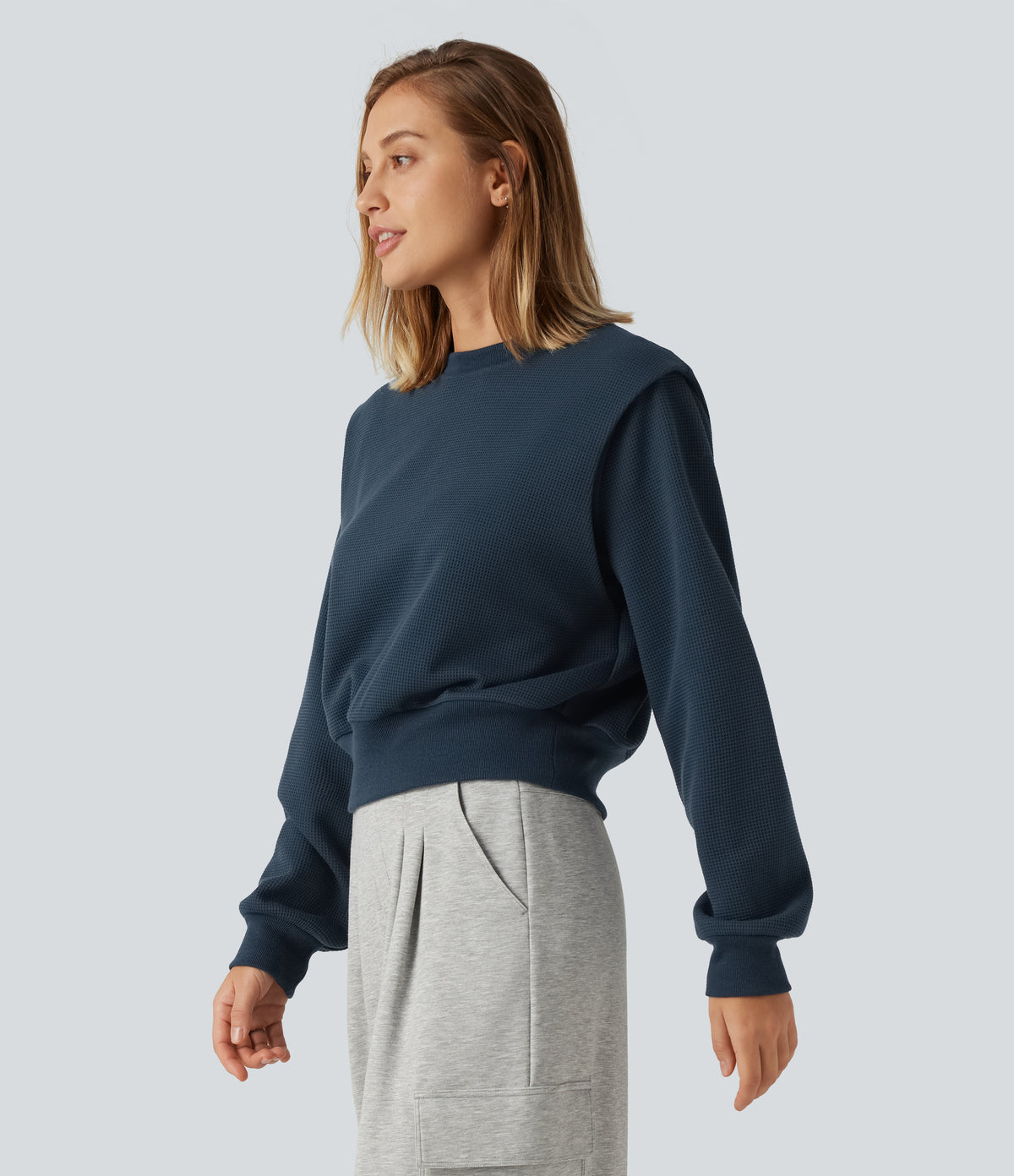 Round Neck Long Sleeve Waffle Casual Sweatshirt — Charm Ink Blue — view 3
