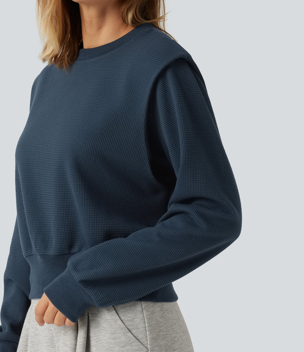 Round Neck Long Sleeve Waffle Casual Sweatshirt — Charm Ink Blue — view 5