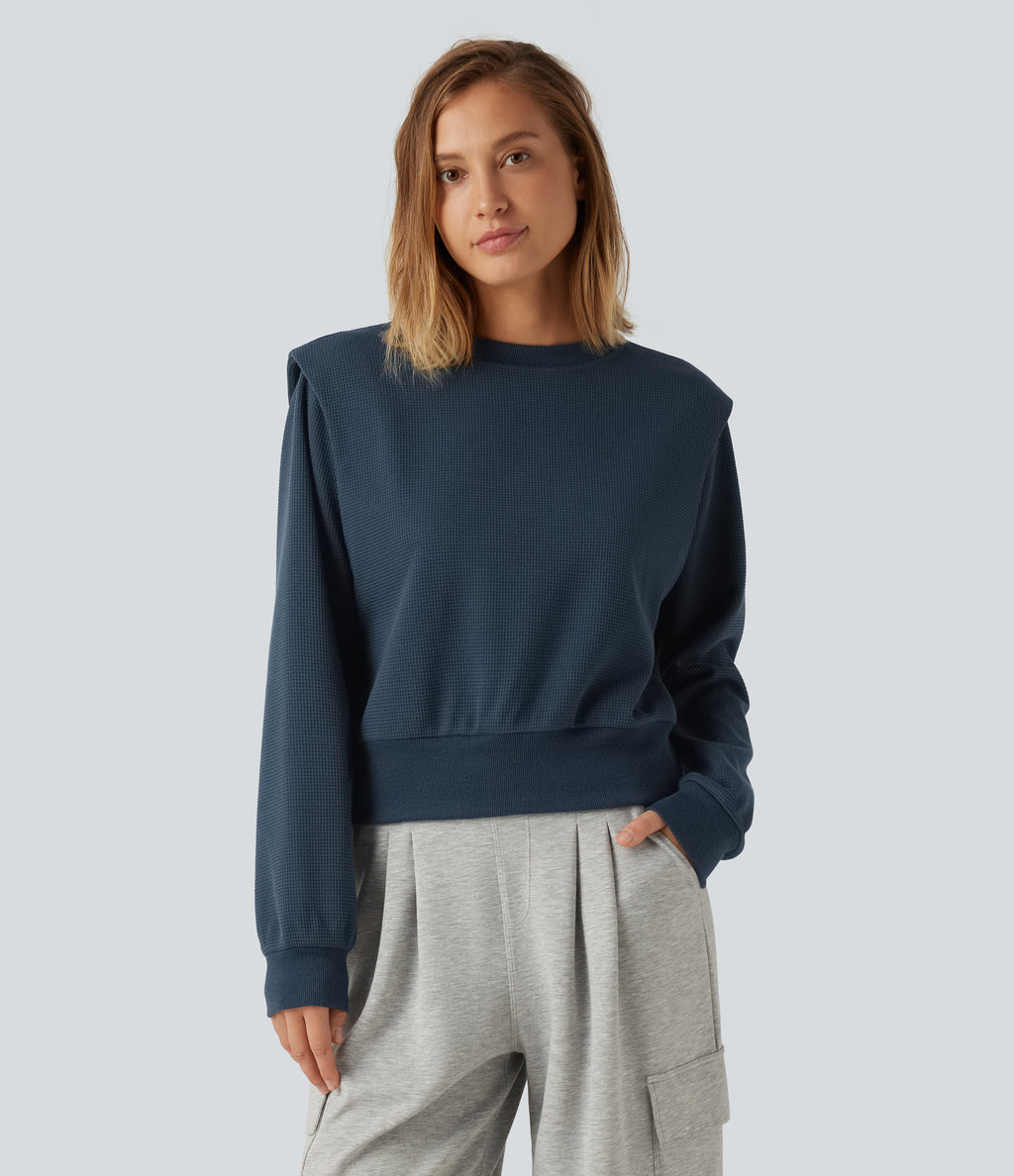 Round Neck Long Sleeve Waffle Casual Sweatshirt — Charm Ink Blue — view 4