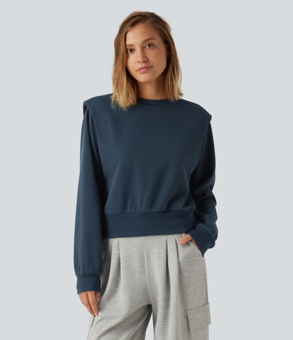 Round Neck Long Sleeve Waffle Casual Sweatshirt — Charm Ink Blue — view 4