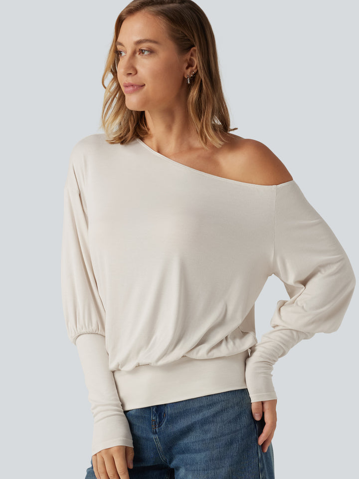 Ribbed One Shoulder Long Sleeve Stacked Casual Top — Rice Khaki — view 1