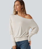 Ribbed One Shoulder Long Sleeve Stacked Casual Top — Rice Khaki — view 1