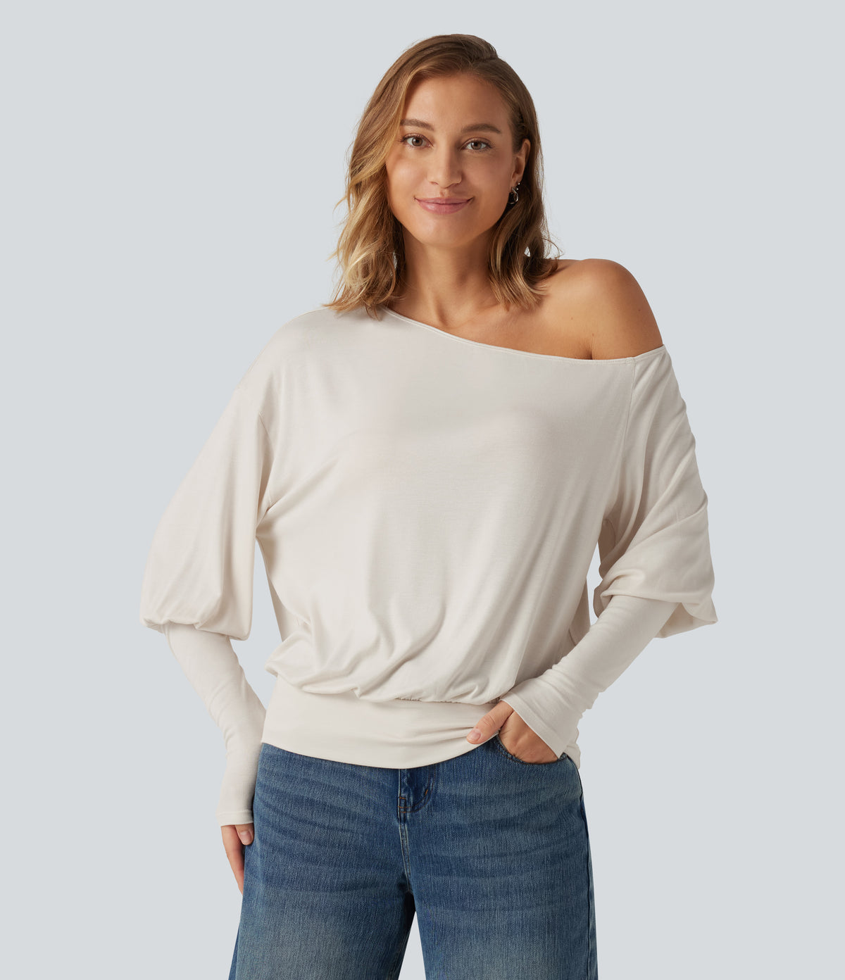 Ribbed One Shoulder Long Sleeve Stacked Casual Top — Rice Khaki — view 4