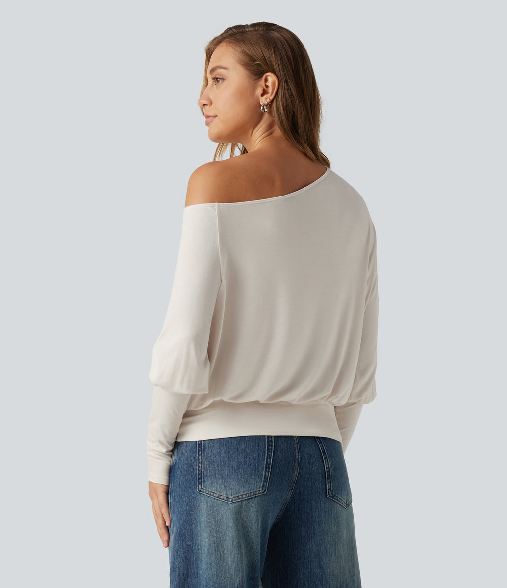 Ribbed One Shoulder Long Sleeve Stacked Casual Top — Rice Khaki — view 2