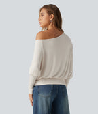 Ribbed One Shoulder Long Sleeve Stacked Casual Top — Rice Khaki — view 2