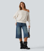 Ribbed One Shoulder Long Sleeve Stacked Casual Top — Rice Khaki — view 5