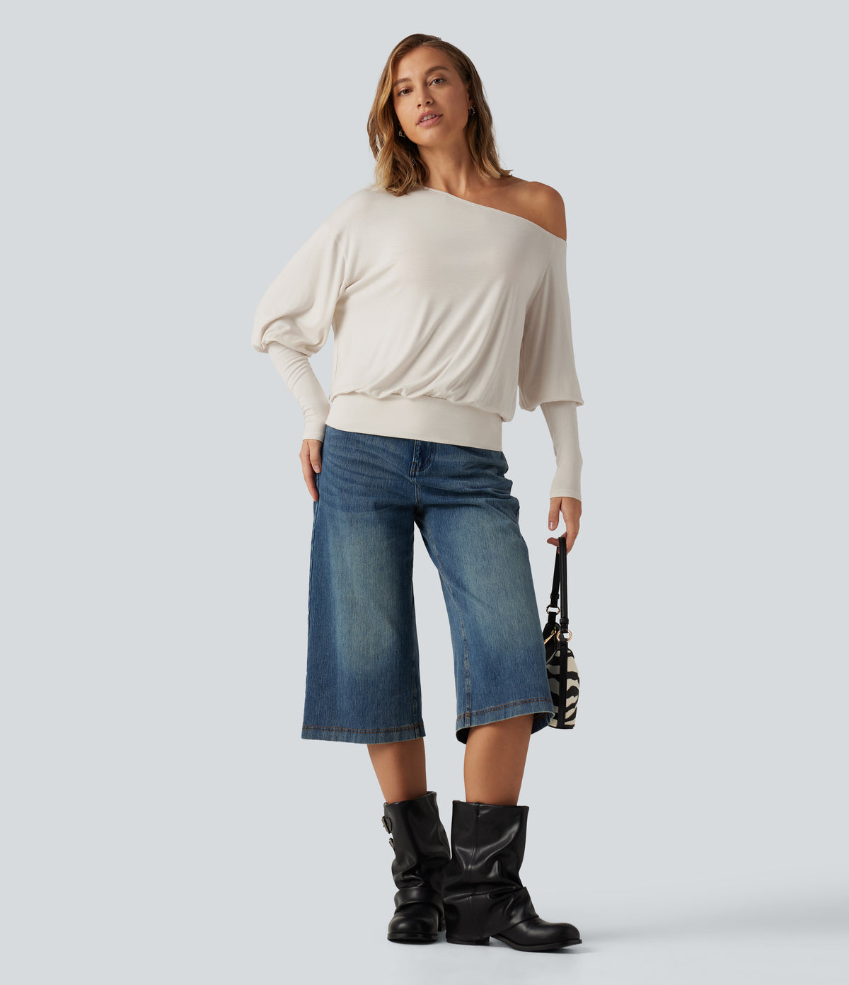 Ribbed One Shoulder Long Sleeve Stacked Casual Top — Rice Khaki — view 5