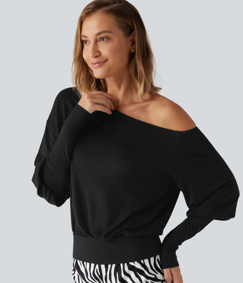 Ribbed One Shoulder Long Sleeve Stacked Casual Top — Black — view 6
