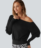Ribbed One Shoulder Long Sleeve Stacked Casual Top — Black — view 6